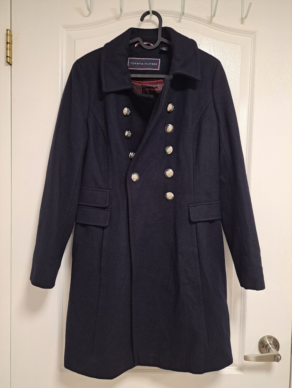 Tommy Hilfiger Navy Wool Coat with Red Trim and Signature Flag